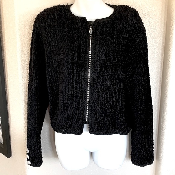 ESTELLE GLACER black artisan chenille cardigan rhinestone embellishments. L - Picture 4 of 17